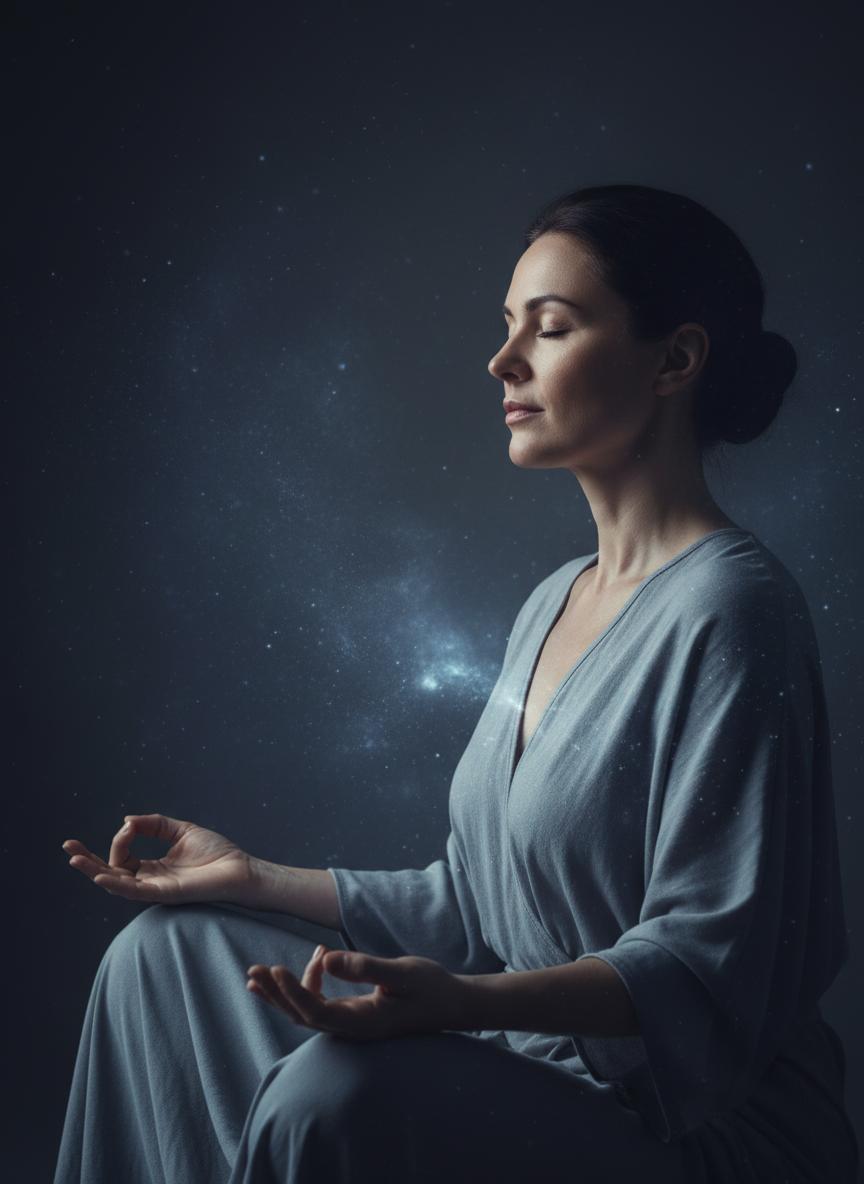 A meditative figure connecting with the cosmos
